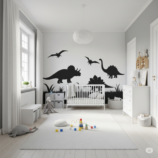 Minimalist Children's Room Interior Décor with Dinosaur Silhouettes Wallpaper Mural. Minimalist Children's Room Interior Décor with Dinosaur Silhouettes Wallpaper Mural.