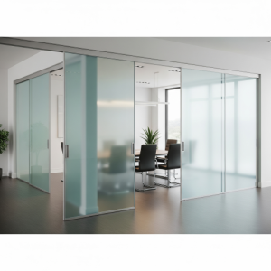 Multiple frosted glass panels on a top track, sliding to reveal or enclose a large conference area.