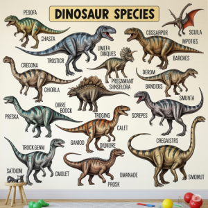 Nursery School Educational Dinosaur Species Chart: A mural featuring accurately drawn dinosaurs with their names, like a scientific illustration.