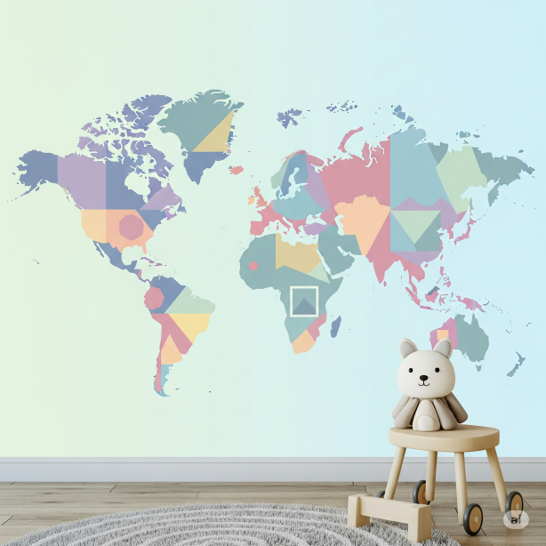 Pastel Geometric World Map Unisex Children's Room Wallpaper Mural Pastel Geometric World Map Unisex Children's Room Wallpaper Mural