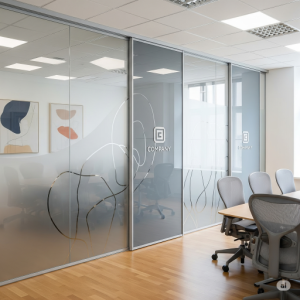 Patterned Glass with Sliding Dividers, adds a design element and subtle privacy.
