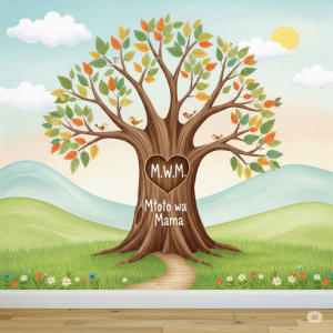 Personalized Child's Name in the Scenery Wallpaper Mural: A tree with a heart carved into it, featuring the baby's initials, Mtoto wa Mama.