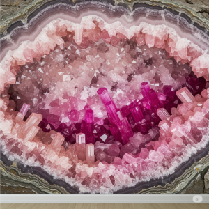 Pink Tourmaline Geode Wallpaper Mural: A cut-away view of a geode with a glittering, crystalline interior of various shades of pink tourmaline, from pale blush to vibrant magenta.
