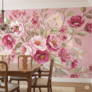 Pink floral dining room wallpaper mural
