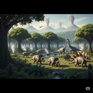 Prehistoric Landscape Dinosaur Wallpaper Mural: A sprawling scene with various dinosaurs (e.g., Triceratops, Stegosaurus, Brachiosaurus) grazing in a lush, ancient forest with volcanoes in the distance.