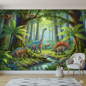 Prehistoric forest scene nursery dinosaur wallpaper mural