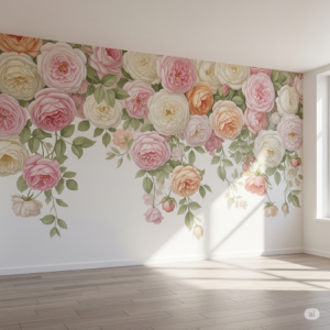 Romantic English Roses, Huge Flower Wallpaper Mural. A sprawling mural of soft pink, cream, and peach English roses with delicate green foliage, creating a timeless and elegant feel.