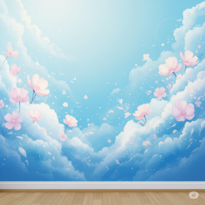 Sky blue, peaceful feel, for cloud-like floral wallpaper.