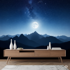 Starry Night Mountain Silhouette Baby's Room Wallpaper Mural.