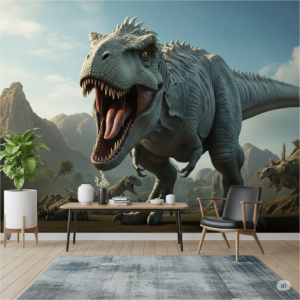 Indominus Rex / T-Rex Roar (Apex Predator Scene): This wallpaper mural focuses on the terrifying majesty of one of the franchise's largest predators, the T-Rex, about to strike.