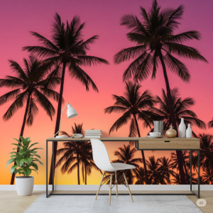 Tropical sunset pink silhouetted palm trees with a gradient pink and orange sky wallpaper mural.