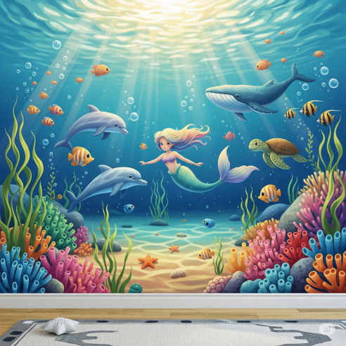 Underwater Mermaid Lagoon Wallpaper Mural for Children. Underwater Mermaid Lagoon Wallpaper Mural for Children.