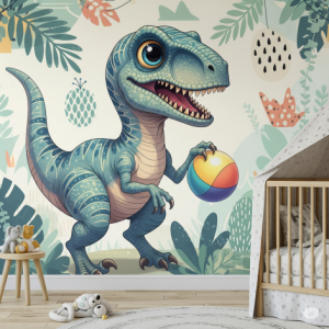 Velociraptor playful, stylized, nursery wallpaper mural.