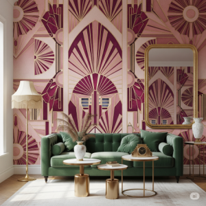 Vintage Art Deco Glamour Pink Living Room Wallpaper Mural.