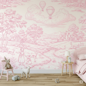 Vintage Toile Kid's Bedroom Wallpaper Mural: A charming and elegant option with intricate, pastoral scenes in a soft pink monochrome.