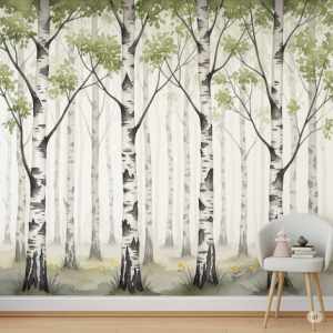 Watercolour Birch Trees Forest Wallpaper Mural for Gender-neutral Child's Room.