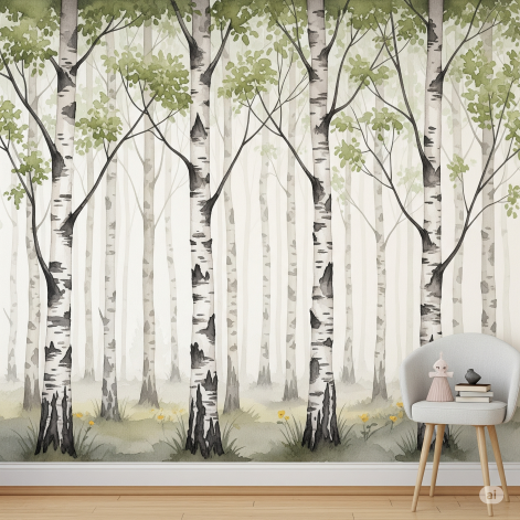 Watercolour Birch Trees Forest Wallpaper Mural for Gender-neutral Child's Room. Watercolour Birch Trees Forest Wallpaper Mural for Gender-neutral Child's Room.