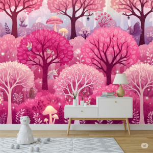 Whimsical Forest Fantasy Pink Wallpaper Mural. Playful, enchanting, and unique.