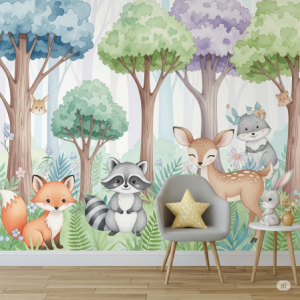 Whimsical Forest Friends Wallpaper. A mural with a variety of softly painted watercolor trees and foliage is interspersed with adorable, friendly forest animals. 