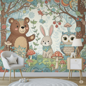 Whimsy woodland unisex nursery wallpaper mural. Generate an image.