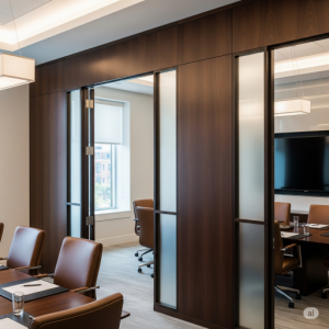 Wood and Frosted Glass Conference Room Dividers