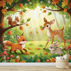 Woodland Creatures Nursery Wallpaper Mural. A detailed illustration of forest animals playing among leaves and branches.