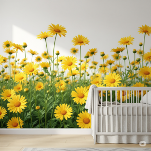  cheerful sunny yellow daisies wallpaper mural taking centre stage on a crisp white nursery background
