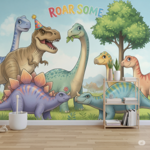 friendly, cartoon-style dinosaurs (e.g., a T-Rex wearing a party hat, a Brontosaurus munching leaves, a Stegosaurus with a flower) coloured in a vibrant, yet soft, rainbow palette. 