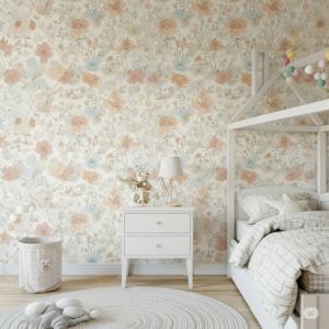 pastel and muted tone floral wallpaper kids room