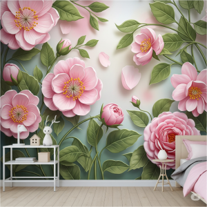 3d pink flowers for girl's bedroom wallpaper mural.