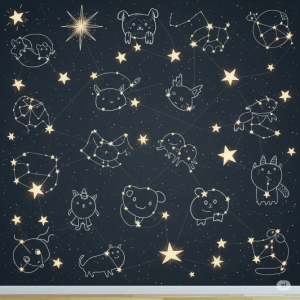 A dark navy gray background with whimsical, hand-drawn constellations and glowing stars nursery school wallpaper mural.