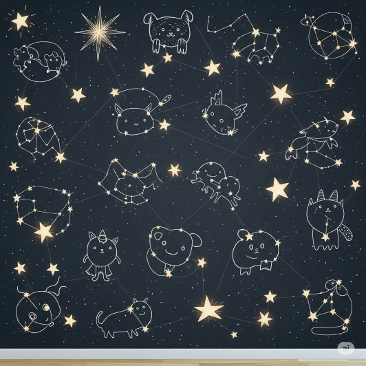 A dark navy gray background with whimsical, hand-drawn constellations and glowing stars nursery school wallpaper mural. A dark navy gray background with whimsical, hand-drawn constellations and glowing stars nursery school wallpaper mural.