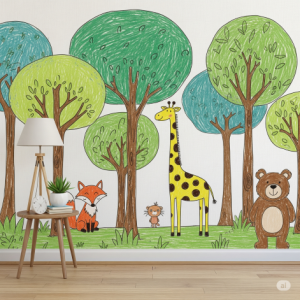 A forest wallpaper mural with an artistic, childlike quality, featuring slightly disproportionate trees and animals, as if drawn by a child's hand.