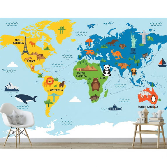 A great choice is a world map mural wallpaper to grow with your child. A great choice is a world map mural wallpaper to grow with your child. It's educational, visually engaging, and can grow with your child's curiosity about different places and cultures.