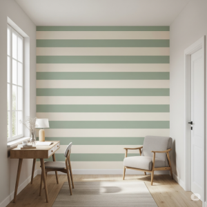 A horizontal stripe pattern. This wallpaper mural pattern visually stretches the small room, making it appear wider and more spacious.