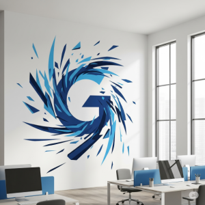  A large, creative office mural featuring a deconstructed, artistic version of a company logo.