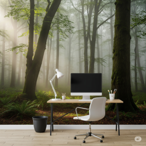 A large-scale photograph of a foggy forest-home office wallpaper mural.