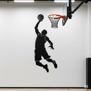 A minimalist public basketball gym wallpaper mural of a bold silhouette of a player in a dynamic pose, dunking.