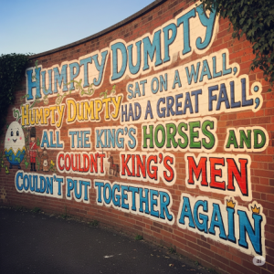 The Lyrical Journey Wallpaper. A mural of the full text of the rhyme "Humpty Dumpty sat on a wall, Humpty Dumpty had a great fall..." written in a whimsical, decorative font that follows the curve of the wall.