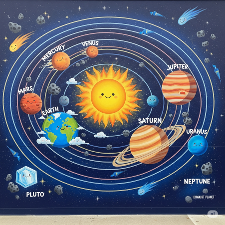A mural of the solar system with each planet clearly labelled and rendered in a whimsical, child-friendly style. A mural of the solar system with each planet clearly labelled and rendered in a whimsical, child-friendly style.