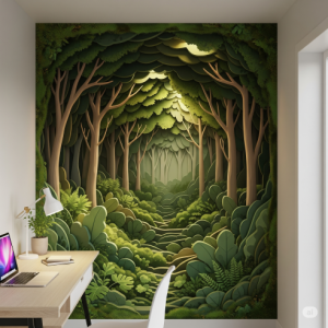 A nature inspired focal wall volumetric small office mural