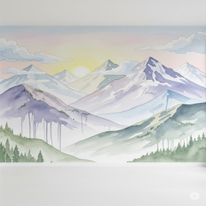 A serene mural of a mountain range painted in a soft, watercolour style. 