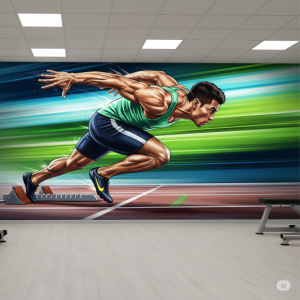 A sprinter exploding from the starting block, fitness centre wallpaper mural.