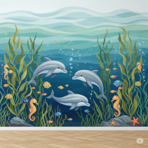 A tranquil underwater wonderland mural wallpaper featuring the mysteries of the deep sea.