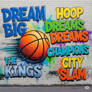 A vibrant, urban gym mural featuring a basketball and graffiti-style lettering of motivational words and team names.