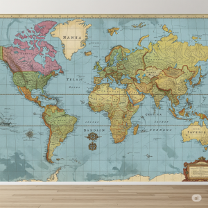 A vintage world map wallpaper mural with a faded blue ocean colour is both calming and classic. 