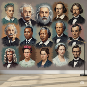 A wall of portraits featuring famous scientists, artists, and leaders who made a difference in the world.