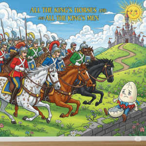 "All the King's Horses and All the King's Men" Wallpaper: This mural shifts the focus from Humpty Dumpty's unfortunate mishap to the valiant efforts of the king's men and horses. 