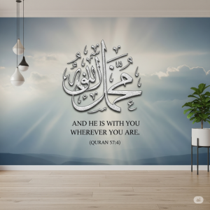 And He is with you wherever you are. (Quran 57-4) Islamic Quotes Wallpaper Mural
