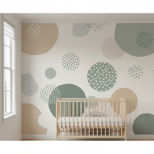 Bubbles and polka dots wallpaper mural in neutral colours for an unisex baby's room.